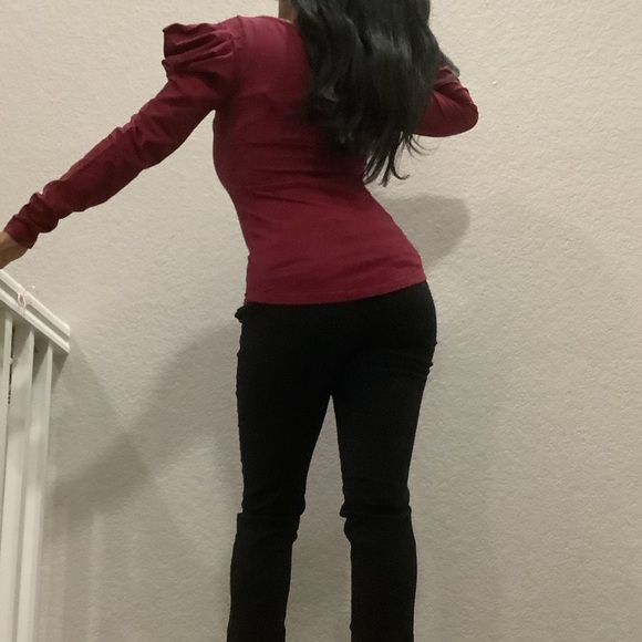 Free People Red Stripe Scoop Neck Leg of Mutton Sleeve Top Womens Small Petite - Picture 9 of 11